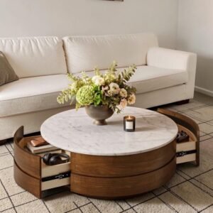 Tanush Furnitures Modern Round Hinge Coffee Table with Hidden Storage (Walnut Brown) - Image 6