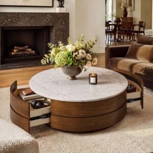 Tanush Furnitures Modern Round Hinge Coffee Table with Hidden Storage (Walnut Brown)