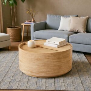 Tanush Furnitures Seren Natural Wood Coffee Table with Hidden Storage and Rounded Silhouette (Natural Oak) - Image 1
