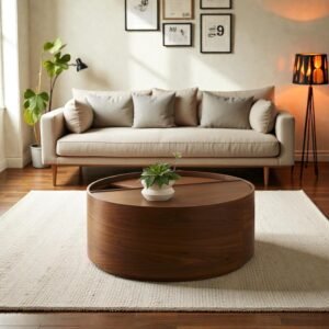 Tanush Furnitures Wood Drum Coffee Table with Hidden Storage (Brown) - Image 1