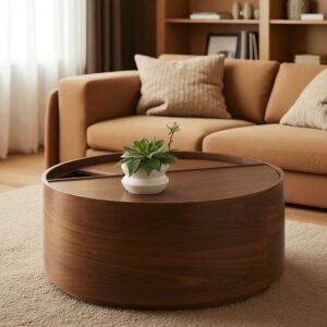Tanush Furnitures Wood Drum Coffee Table with Hidden Storage (Brown) - Image 4