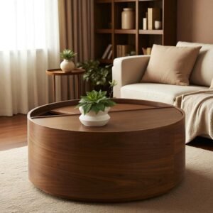 Tanush Furnitures Wood Drum Coffee Table with Hidden Storage (Brown) - Image 7