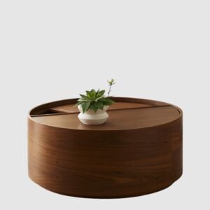 Tanush Furnitures Wood Drum Coffee Table with Hidden Storage (Brown) - Image 6