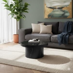 Tanush Furnitures Modern Black Round Coffee Table with Black Marbel Finish (Black) - Image 6