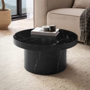 Tanush Furnitures Modern Black Round Coffee Table with Black Marbel Finish (Black) - Image 2