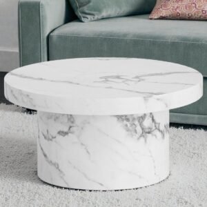 Tanush Furnitures Round Marble Finish Wooden Coffee Table for Living Room (White) - Image 1