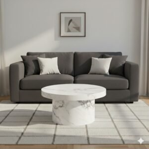 Tanush Furnitures Round Marble Finish Wooden Coffee Table for Living Room (White) - Image 2