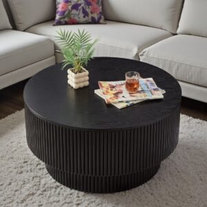Tanush Furnitures Black Round Tiered Coffee Table with Pedastal Base (Black) - Image 2