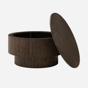 Tanush Furnitures Round Wooden Storage Coffee Table with Lift-Off Lid – Modern Fluted Design (Walnut Brown) - Image 4