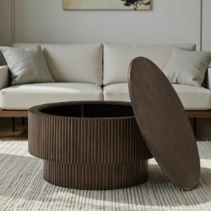 Tanush Furnitures Round Wooden Storage Coffee Table with Lift-Off Lid – Modern Fluted Design (Walnut Brown) - Image 7