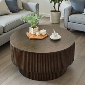 Tanush Furnitures Round Wooden Storage Coffee Table with Lift-Off Lid – Modern Fluted Design (Walnut Brown) - Image 2