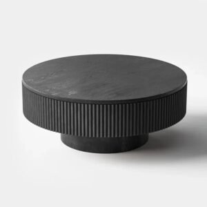 Tanush Furnitures Round Black Wooden Coffee Table – Modern Fluted Pedestal Design (Black) - Image 2