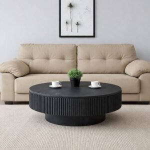Tanush Furnitures Round Black Wooden Coffee Table – Modern Fluted Pedestal Design (Black) - Image 1