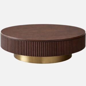 Tanush Furnitures Modern Round Tambour Coffee Table with Fluted Wood Base (Brown) - Image 2