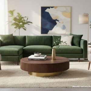 Tanush Furnitures Modern Round Tambour Coffee Table with Fluted Wood Base (Brown) - Image 6
