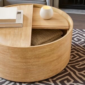 Tanush Furnitures Seren Natural Wood Coffee Table with Hidden Storage and Rounded Silhouette (Natural Oak) - Image 2