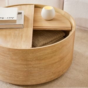 Tanush Furnitures Seren Natural Wood Coffee Table with Hidden Storage and Rounded Silhouette (Natural Oak) - Image 4