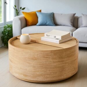 Tanush Furnitures Seren Natural Wood Coffee Table with Hidden Storage and Rounded Silhouette (Natural Oak) - Image 5