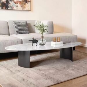Tanush Furnitures Oval Wooden Coffee Table with Marble-Finish Mica Laminate Top (White and Grey) - Image 4