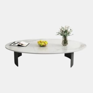 Tanush Furnitures Oval Wooden Coffee Table with Marble-Finish Mica Laminate Top (White and Grey) - Image 2