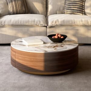 Tanush Furnitures Orion Luxe Round Coffee Table with Marble-Effect Finish & Storage (Brown) - Image 6