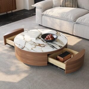 Tanush Furnitures Orion Luxe Round Coffee Table with Marble-Effect Finish & Storage (Brown) - Image 1