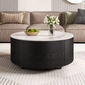 Tanush Furnitures Reem Round Coffee Table with 2 Hidden Drawers (Black) - Image 2
