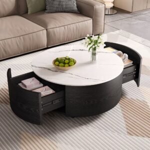 Tanush Furnitures Reem Round Coffee Table with 2 Hidden Drawers (Black) - Image 1