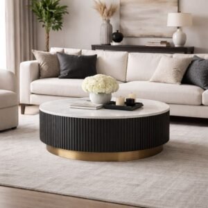 Tanush Furnitures Noha Fluted Wood Coffee Table with Genuine Marble Top (Black)