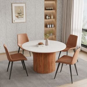 Tanush Furnitures The Tanush Linear Ribbed Solid Wood Dining Table (Brown) - Image 8
