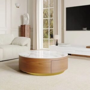 Tanush Furnitures Reet Nest Round Wooden Coffee Table with Spacious Hidden Storage (Brown and White Top) - Image 7