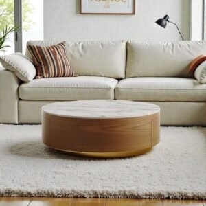 Tanush Furnitures Reet Nest Round Wooden Coffee Table with Spacious Hidden Storage (Brown and White Top) - Image 2