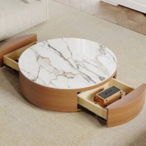 Tanush Furnitures Reet Nest Round Wooden Coffee Table with Spacious Hidden Storage (Brown and White Top) - Image 1