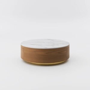 Tanush Furnitures Reet Nest Round Wooden Coffee Table with Spacious Hidden Storage (Brown and White Top) - Image 6