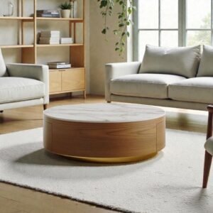 Tanush Furnitures Reet Nest Round Wooden Coffee Table with Spacious Hidden Storage (Brown and White Top) - Image 5