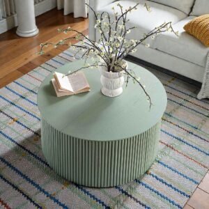 Tanush Furnitures Silven Grove Fluted Round Wooden Coffee Table with Hidden Storage Compartment (Green) - Image 2
