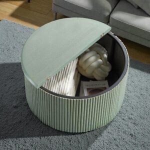 Tanush Furnitures Silven Grove Fluted Round Wooden Coffee Table with Hidden Storage Compartment (Green) - Image 1