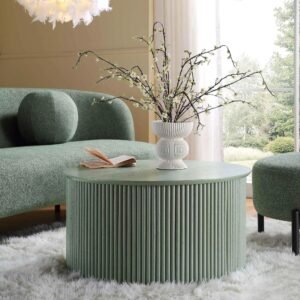 Tanush Furnitures Silven Grove Fluted Round Wooden Coffee Table with Hidden Storage Compartment (Green) - Image 7