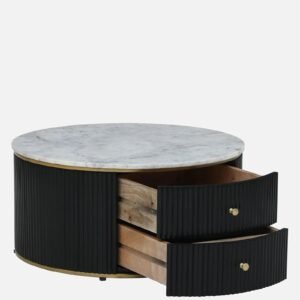 Tanush Furnitures Novara Round Coffee Table Featuring Marble-Finish Wooden Top and Storage Drawers (Black) - Image 4