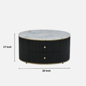 Tanush Furnitures Novara Round Coffee Table Featuring Marble-Finish Wooden Top and Storage Drawers (Black) - Image 3