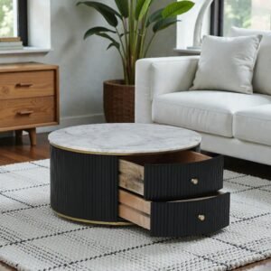 Tanush Furnitures Novara Round Coffee Table Featuring Marble-Finish Wooden Top and Storage Drawers (Black) - Image 1