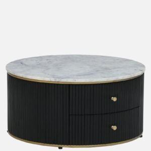 Tanush Furnitures Novara Round Coffee Table Featuring Marble-Finish Wooden Top and Storage Drawers (Black) - Image 5