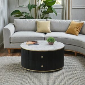 Tanush Furnitures Novara Round Coffee Table Featuring Marble-Finish Wooden Top and Storage Drawers (Black) - Image 2