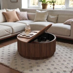 Tanush Furnitures Elyra Round Storage Coffee Table (Walnut Brown) - Image 4
