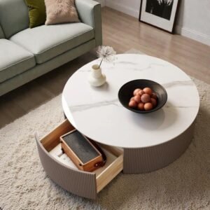 Tanush Furnitures Round Coffee Table with Storage Drawer (Light Beige / Taupe) - Image 1