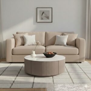Tanush Furnitures Round Coffee Table with Storage Drawer (Light Beige / Taupe) - Image 8