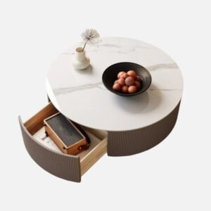 Tanush Furnitures Round Coffee Table with Storage Drawer (Light Beige / Taupe) - Image 2