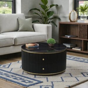 Tanush Furnitures Stillwood Luxe Noir Round Wooden Coffee Table with Dual Drawers (Black) - Image 2