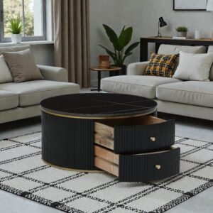 Tanush Furnitures Stillwood Luxe Noir Round Wooden Coffee Table with Dual Drawers (Black) - Image 1