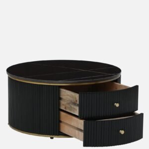 Tanush Furnitures Stillwood Luxe Noir Round Wooden Coffee Table with Dual Drawers (Black) - Image 5
